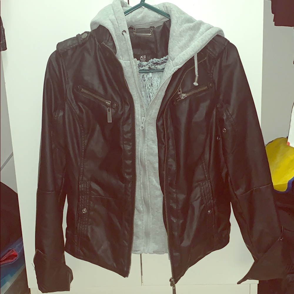 Faux fur leather jacket with hoodie